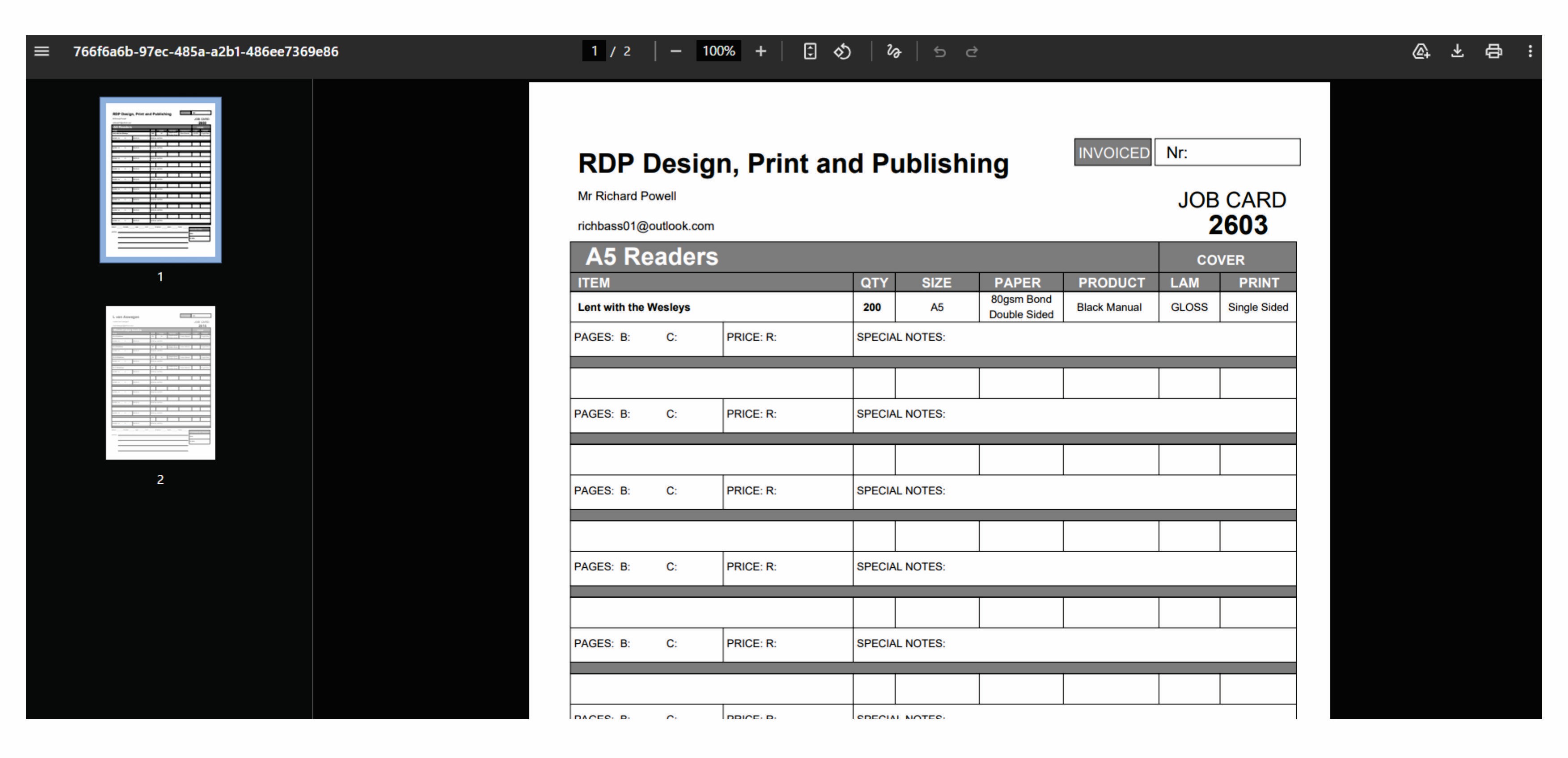 Generate professional job cards as PDF